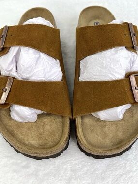 Birkenstocks Mink Suede Double-Strap Sandal with Copper Buckles